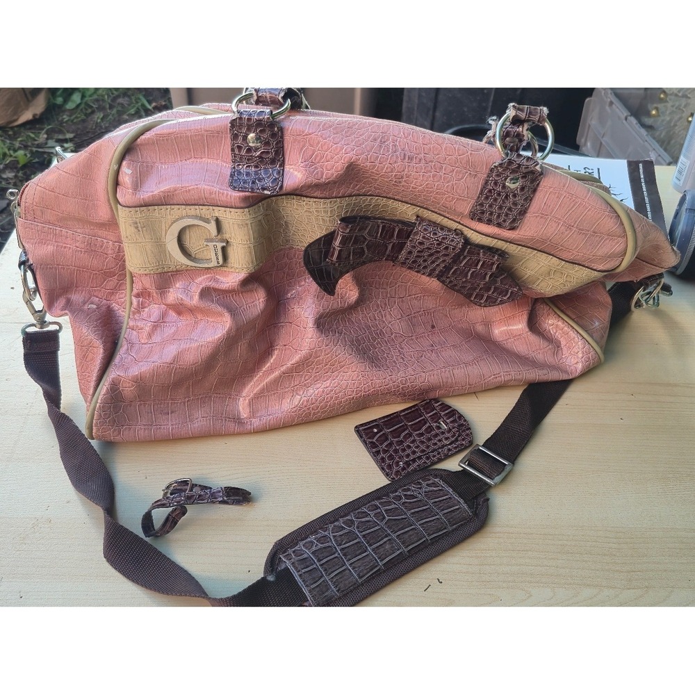 Guess Pink Croc Embossed Duffle Bag Y2K Large Logo Travel Weekender Satchel